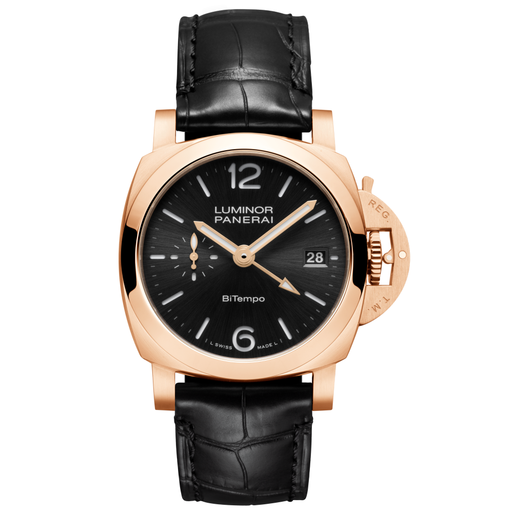 Panerai Luminor Quaranta BiTempo Goldtech™ 40 mm Black Dial Brushed Panerai Goldtech™   Leather Strap PAM01641 - WATCHXNYC