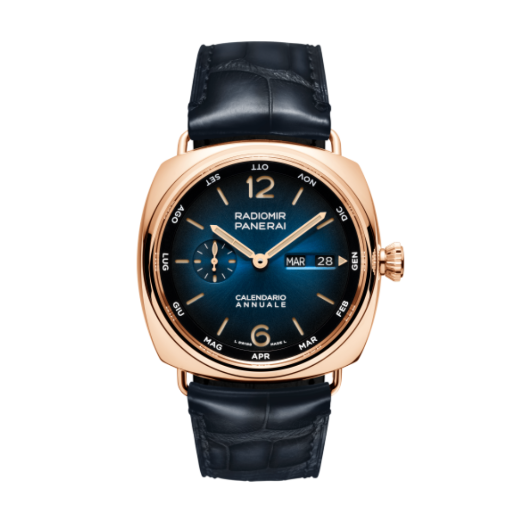 Panerai Radiomir Annual Calendar Goldtech™ 45 mm Blue Dial Polished Panerai Goldtech™   Leather Strap PAM01363 - WATCHXNYC