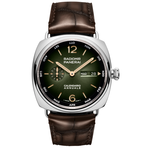Panerai Radiomir Annual Calendar Platinumtech™ 45 mm Green Dial Polished Platinumtech™   Leather Strap PAM01364 - WATCHXNYC