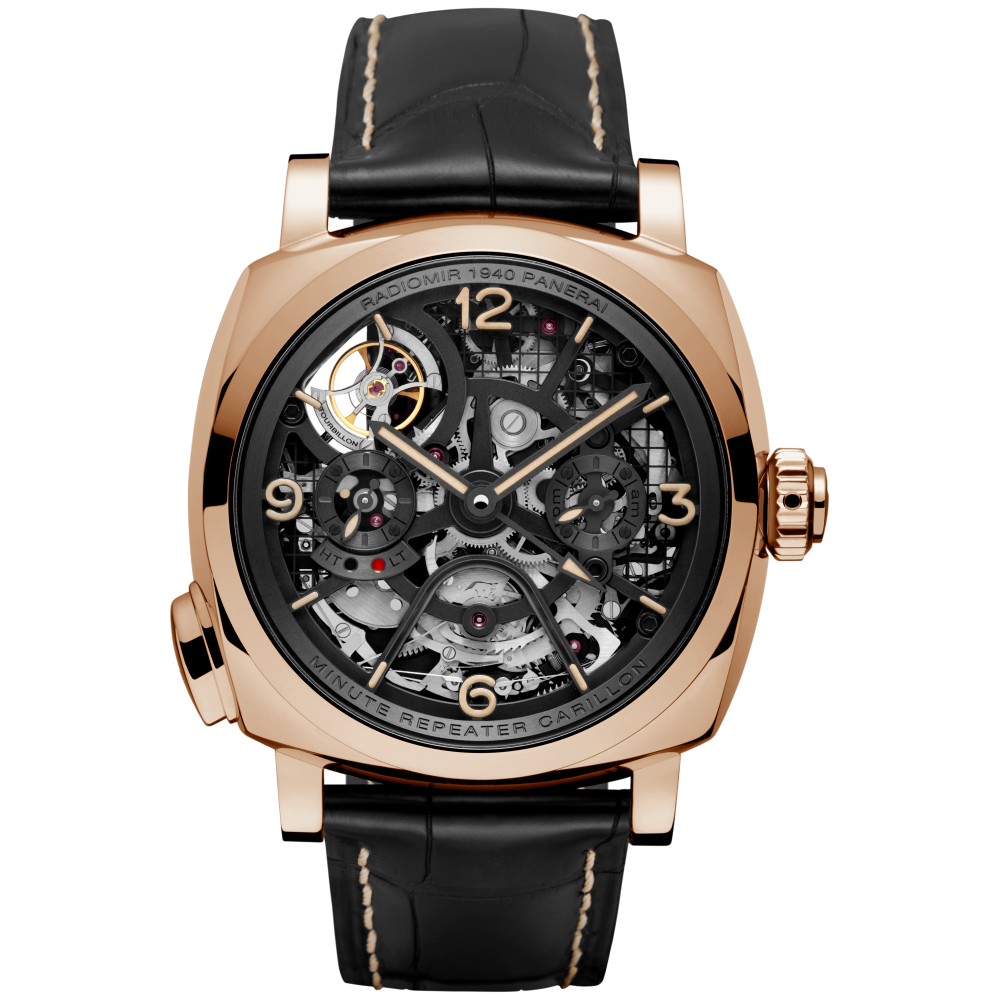 Panerai Radiomir Minute Repeater Tourbillon GMT 49 mm Transparent Dial Polished Goldtech™   Leather Strap PAM00600 - WATCHXNYC