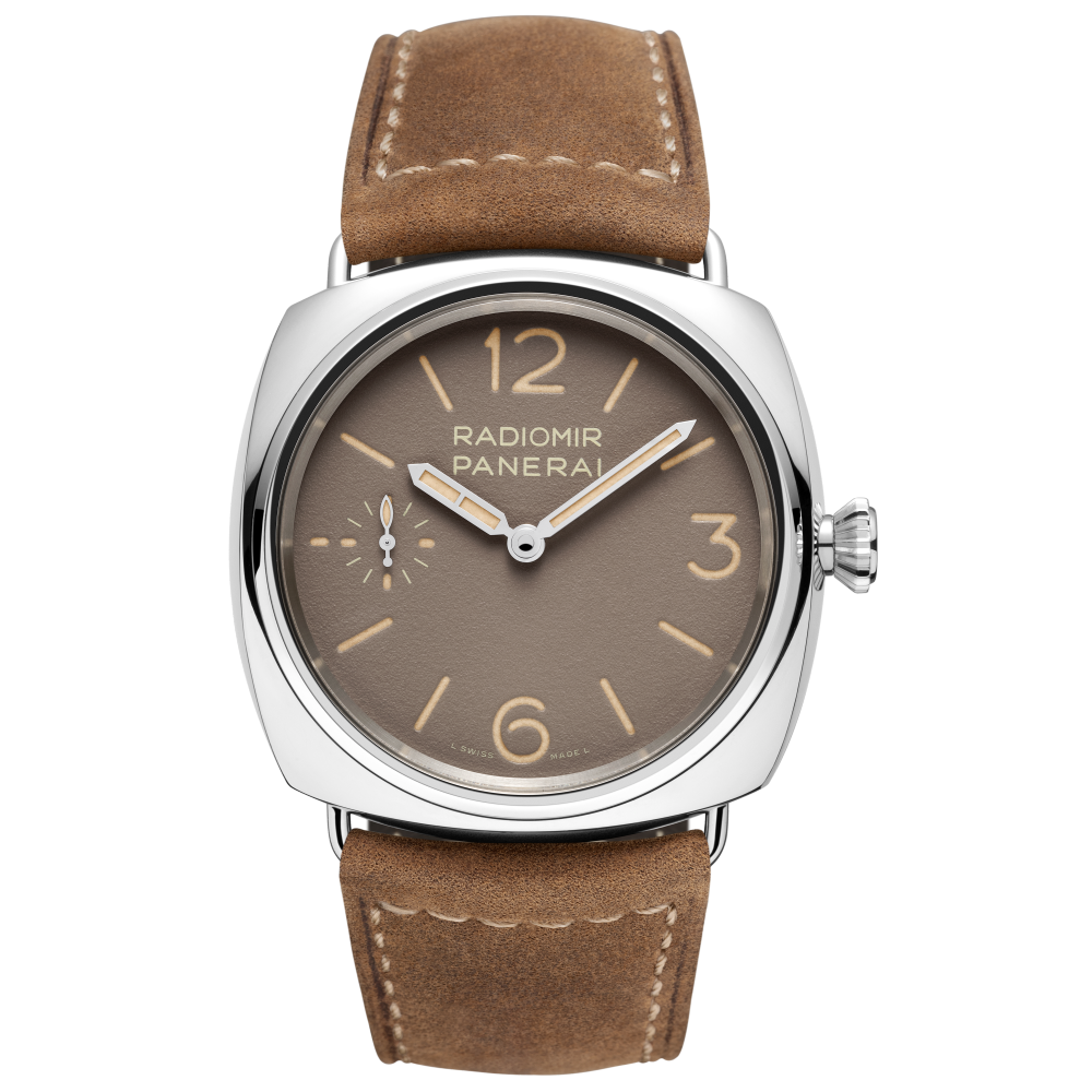 Panerai Radiomir Officine 45 mm Beige Dial Polished Stainless Steel   Leather Strap PAM01385 - WATCHXNYC