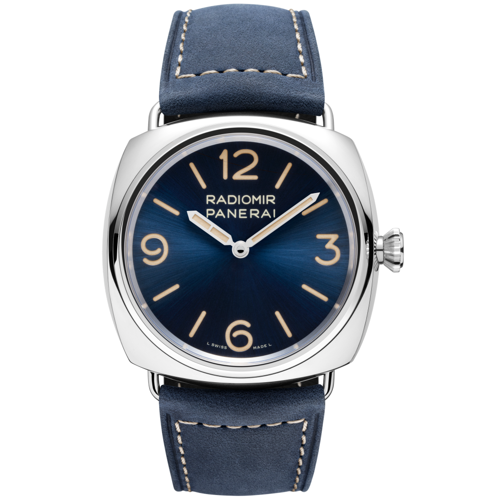 Panerai Radiomir Officine 45 mm Blue Dial Polished Stainless Steel   Leather Strap PAM01383 - WATCHXNYC