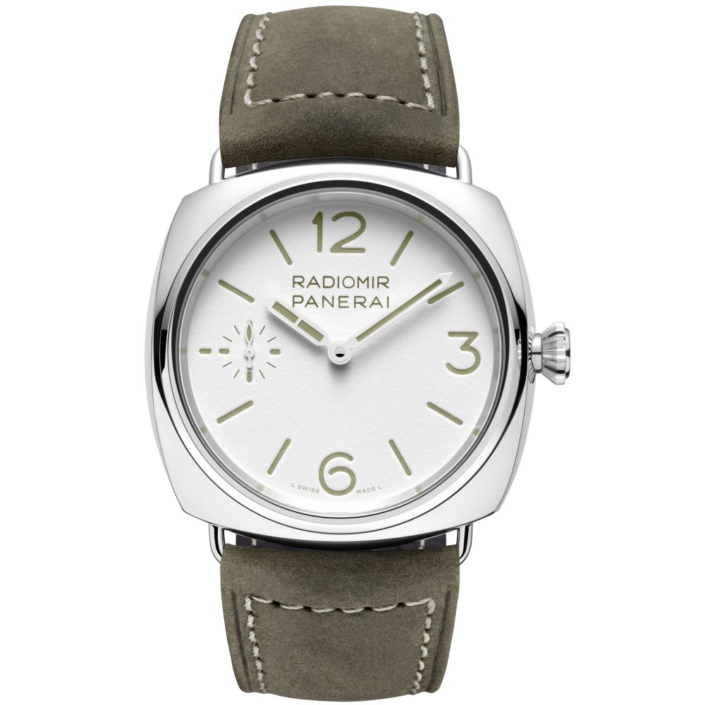 Panerai Radiomir Officine 45 mm White Dial Polished Stainless Steel   Leather Strap PAM01384 - WATCHXNYC