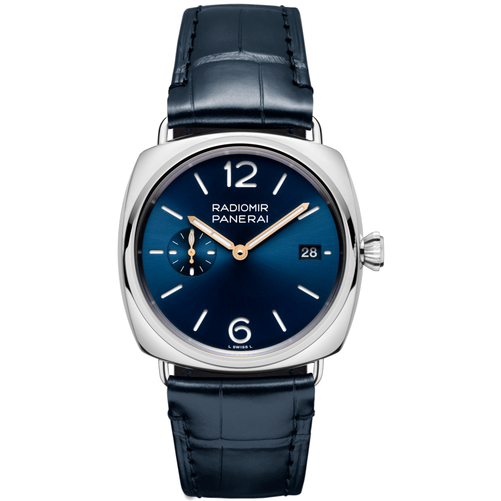 Panerai Radiomir Quaranta 40 mm Blue Dial Polished Stainless Steel   Leather Strap PAM01571 - WATCHXNYC