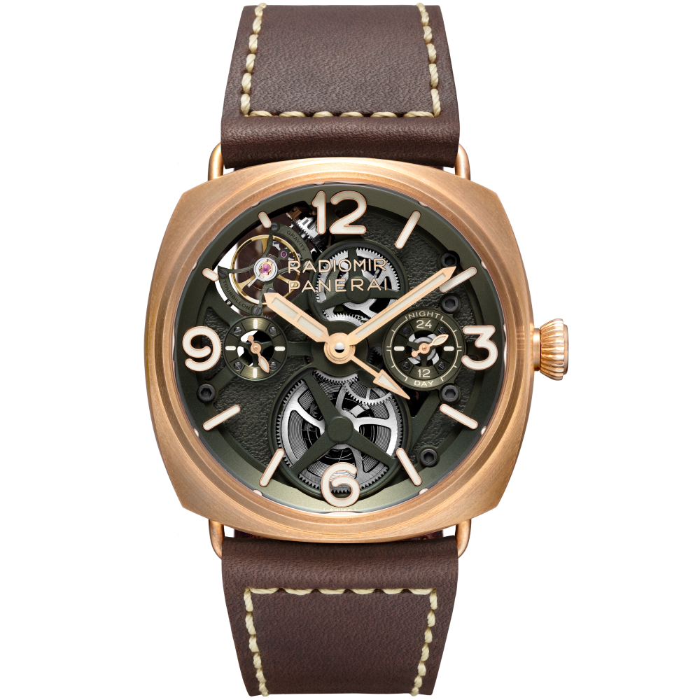 Panerai Radiomir Tourbillon GMT Bronzo 45 mm Green Dial Brushed Bronze   Leather Strap PAM01284 - WATCHXNYC