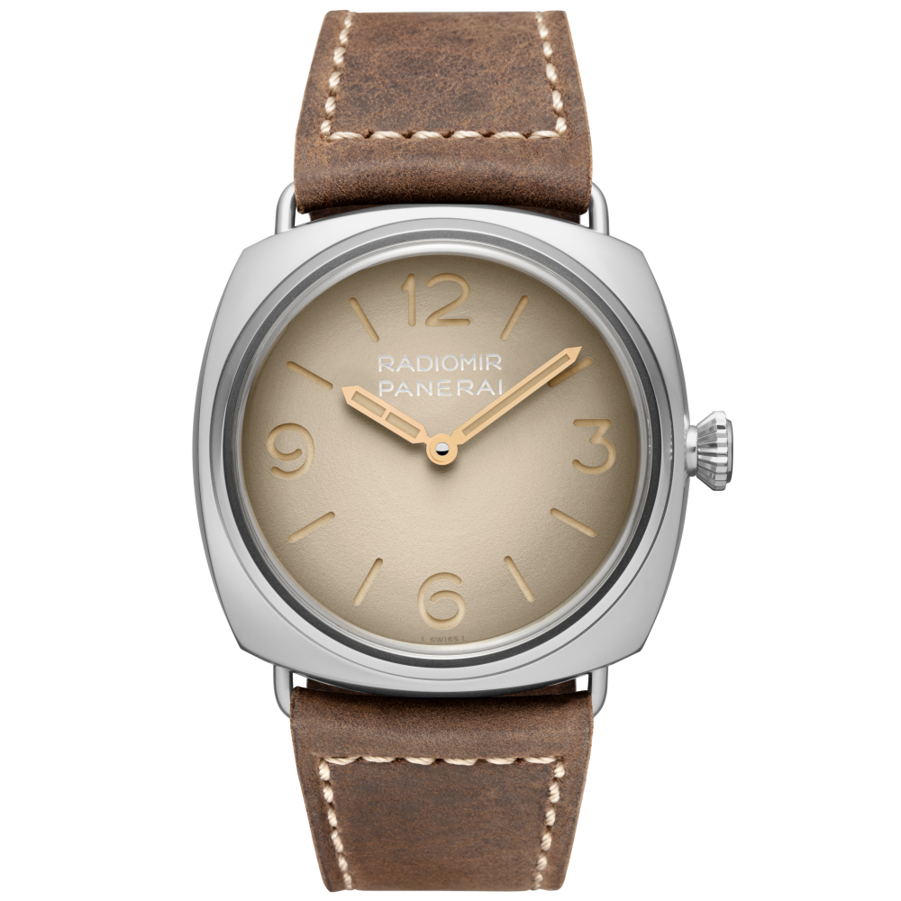 Panerai Radiomir Tre Giorni 45 mm Beige Dial Patina Stainless Steel   Leather Strap PAM01350 - WATCHXNYC