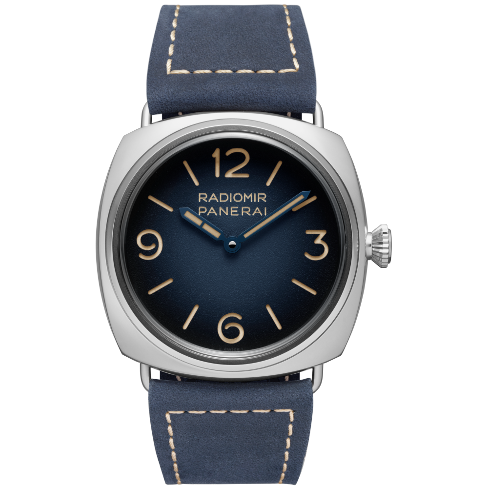 Panerai Radiomir Tre Giorni 45 mm Blue Dial Patina Stainless Steel   Leather Strap PAM01335 - WATCHXNYC