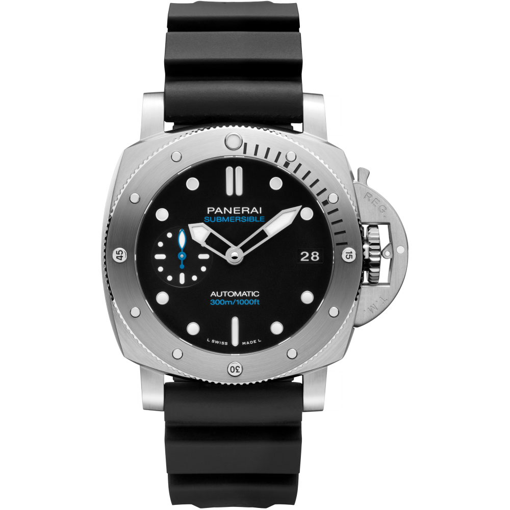 Panerai Submersible 42 mm Black Dial Brushed Stainless Steel Rubber Strap PAM02973 - WATCHXNYC