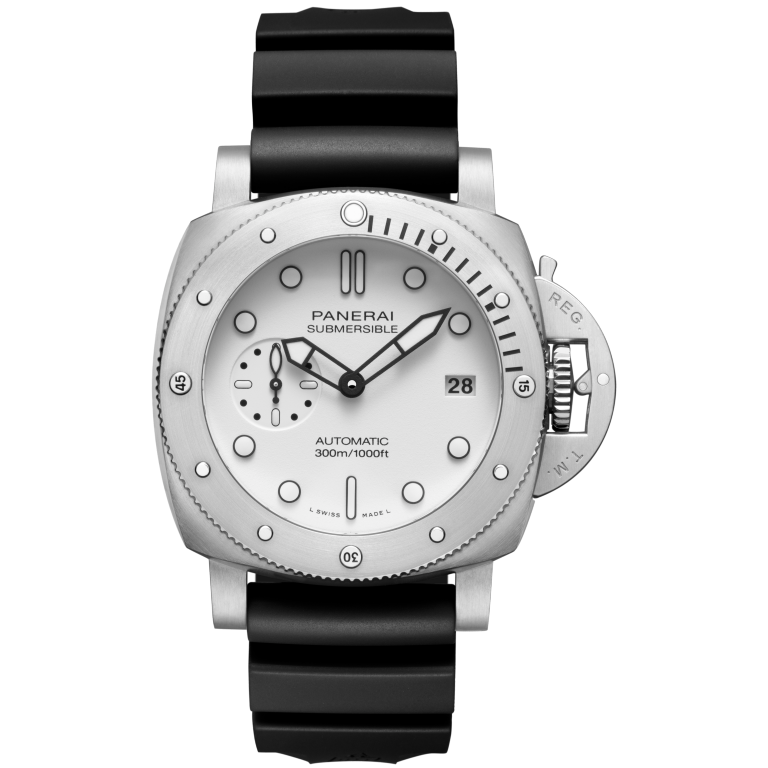 Panerai Submersible 42 mm White Dial Brushed Steel Caoutchouc Black Strap PAM02223 - WATCHXNYC