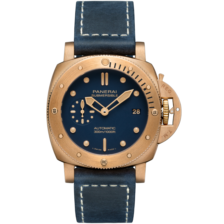 Panerai Submersible Bronzo 42 mm Blue Dial Brushed Bronze Vintage Scamosciato Dark Blue Strap PAM01074 - WATCHXNYC