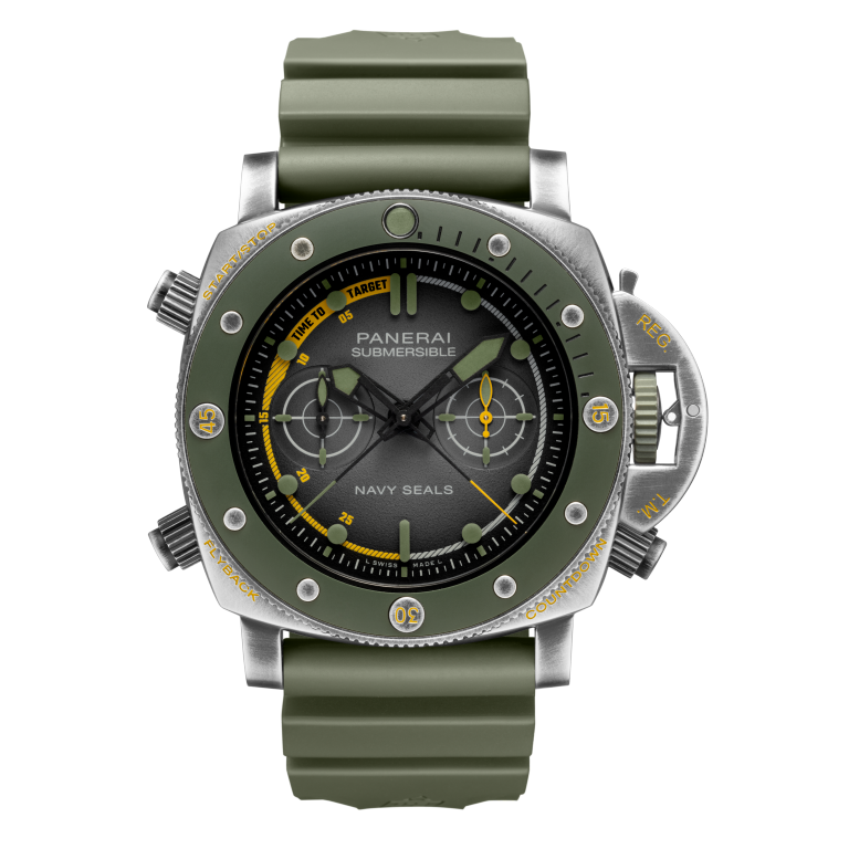 Panerai Submersible Chrono Navy SEALs Special Operations Experience Edition 47 mm Black Dial Brushed Brunito Steel Caoutchouc Military Green Strap PAM01402 - WATCHXNYC