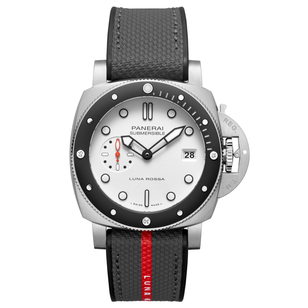 Panerai Submersible Luna Rossa 42 mm White Dial Brushed Stainless Steel Rubber Strap PAM01579 - WATCHXNYC