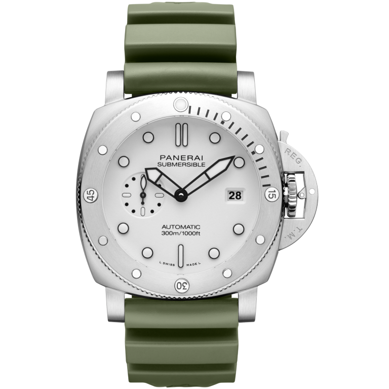 Panerai Submersible QuarantaQuattro 44 mm White Dial Brushed Steel Caoutchouc Military Green Strap PAM01226 - WATCHXNYC