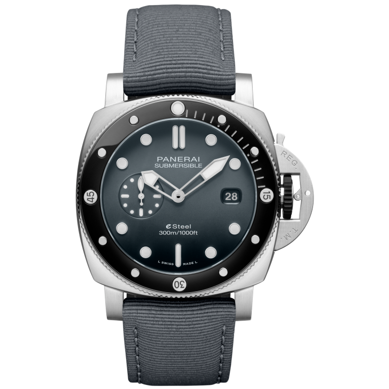 Panerai Submersible QuarantaQuattro Grigio Roccia 44 mm Black Dial Brushed Steel Recycled PET Grey Strap PAM01288 - WATCHXNYC