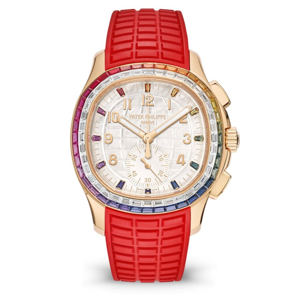 Patek Philippe Aquanaut Luce Rainbow Chronograph White MOP Rainbow Sapphire Dial Rose Gold & Rainbow Case Leather Strap 39.9mm - WATCHXNYC