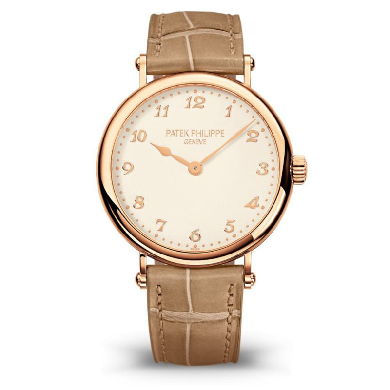 Patek Philippe Calatrava 34,6 mm Esfera plateada Correa de piel de aligátor en oro rosa de 18 quilates 7200R-001 