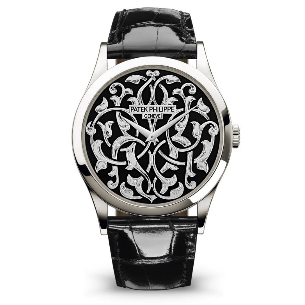 Patek Philippe Calatrava Handengraved Black Gold Dial Platinum Case Black   Strap 38mm 5088-100P-001 - WATCHXNYC