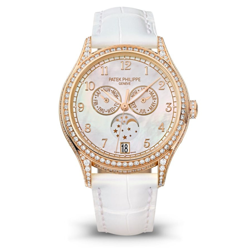 Patek Philippe Compications Moon Phase White MOP Dial Rose Gold & Diamond Case   White Strap 38mm 4948R-001 - WATCHXNYC