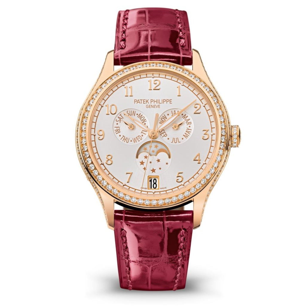 Patek Philippe Complication Moon Phases Silver Sunburst Dial Rose Gold Case Red Leather Strap 38 mm 4947R-001 - WATCHXNYC