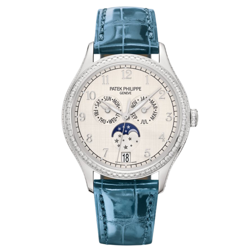 Patek Philippe Complications 38 mm Silver Dial with Diamonds 18K White Gold   Leather Strap 4947G-010 - WATCHXNYC