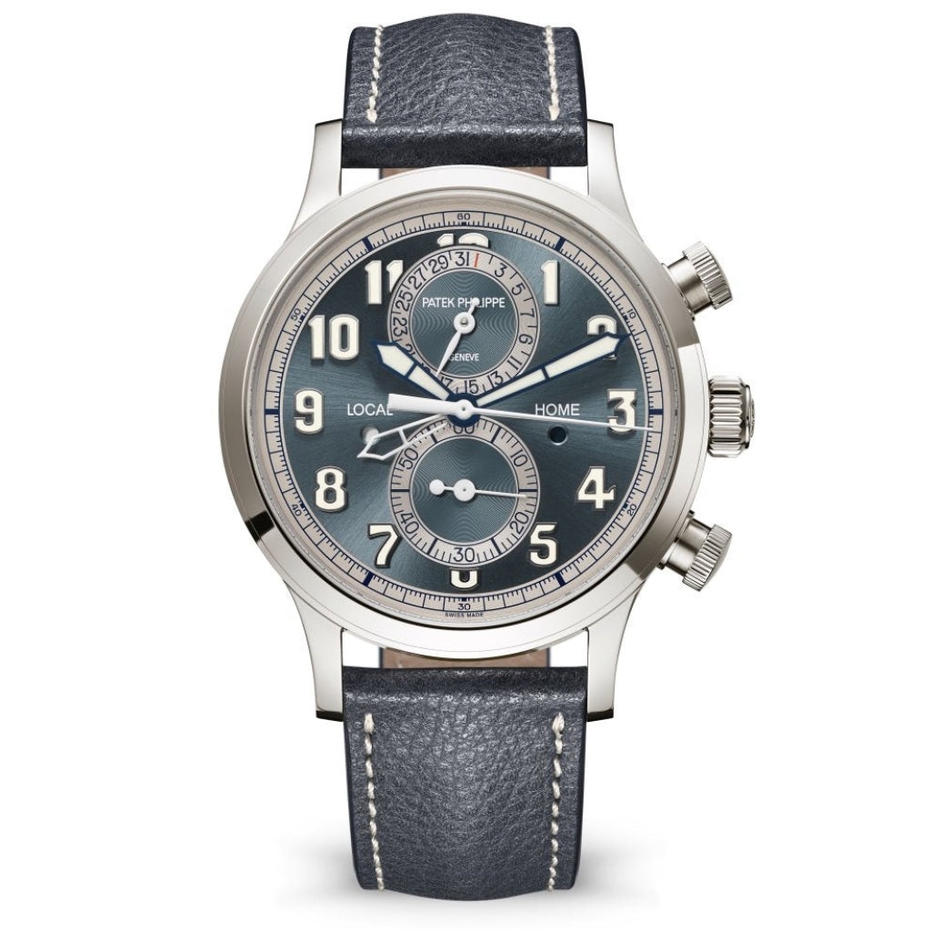 Patek Philippe Complications Calatrava Blue/Gray Dial White Gold Case   Green Strap 42 mm 5924G-010 - WATCHXNYC