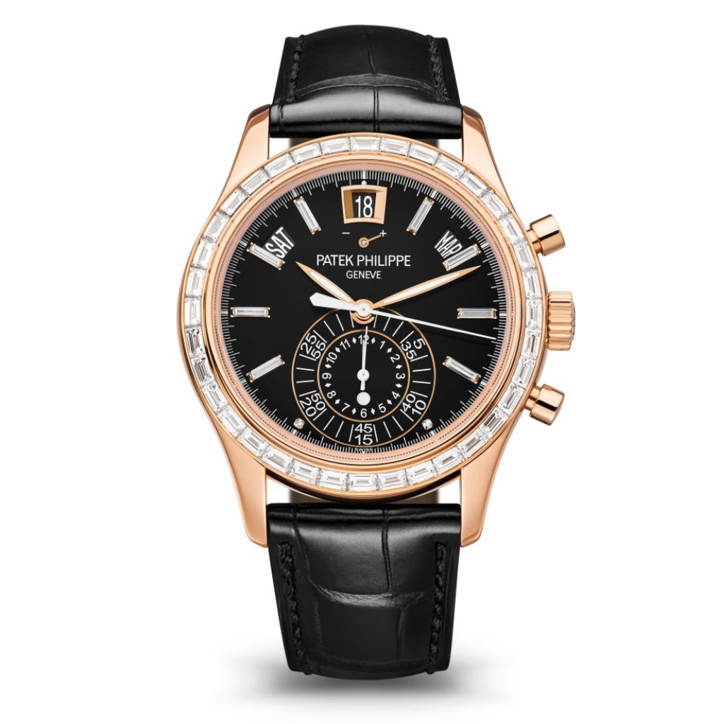 Patek Philippe Complications Chronograph Black Baguette Diamond Dial Rose Gold Case Black   Strap 40.5mm 5961r-010 - WATCHXNYC