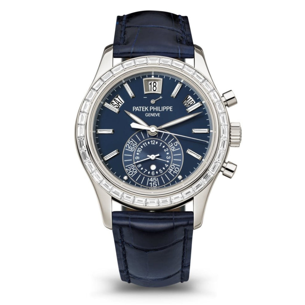 Patek Philippe Complications Chronograph Blue Baguette Diamond Dial Platinum Case Blue   Strap 40.5mm 5961P-001 - WATCHXNYC