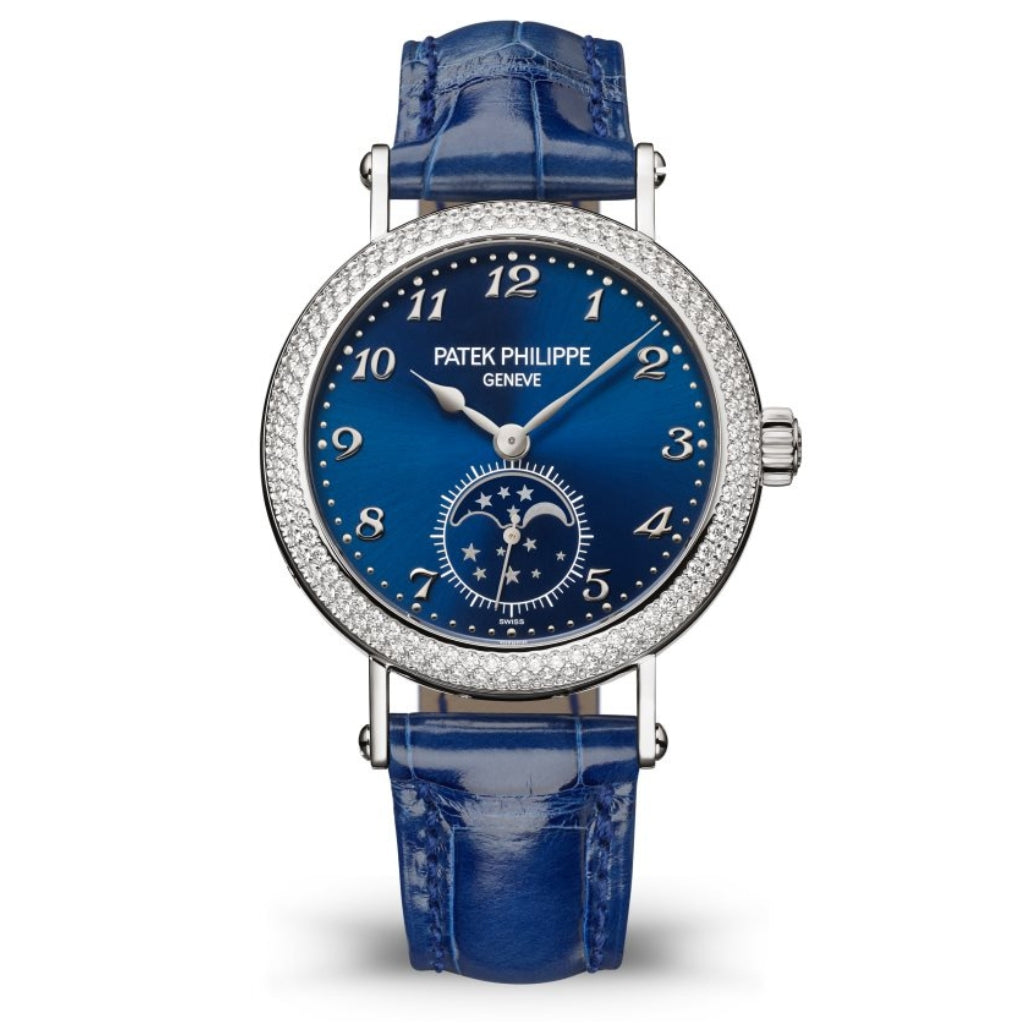Patek Philippe Complications Moon Phase Blue Sunburst Dial White Gold & Diamond Case Blue   Strap 33mm 7121-200G-001 - WATCHXNYC