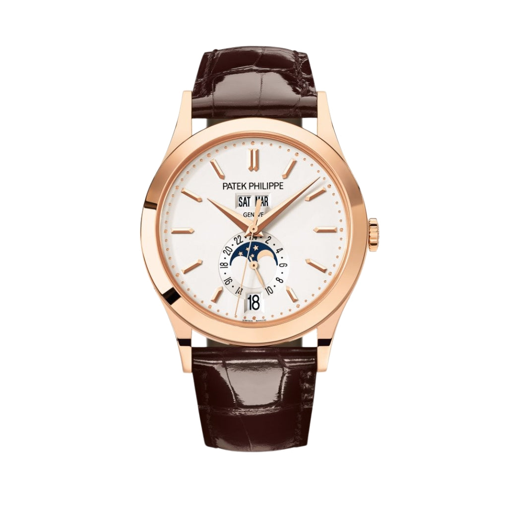 Patek Philippe Complications Moon Phases Silver Opaline & Gold DIal Rose Gold Case Aligator Strap 38.5 mm 5396R-011 - WATCHXNYC