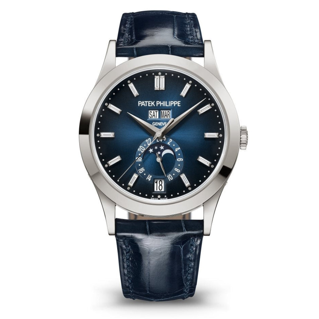 Patek Philippe Complications Moon Phases Sunburst Blue Baguette Diamond Dial White Gold Case   Blue Strap 38.5 mm 5396G-017 - WATCHXNYC