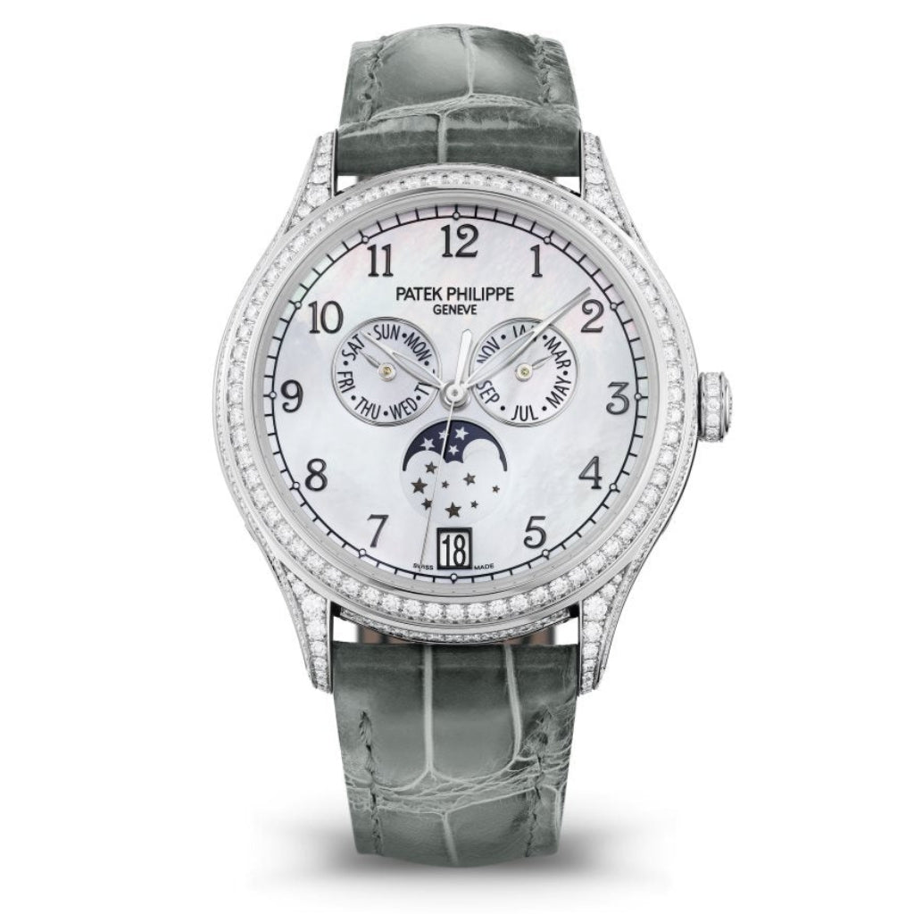 Patek Philippe Complications Moon Phases White MOP Dial White Gold Case Gray   Strap 38mm 4948G-010 - WATCHXNYC