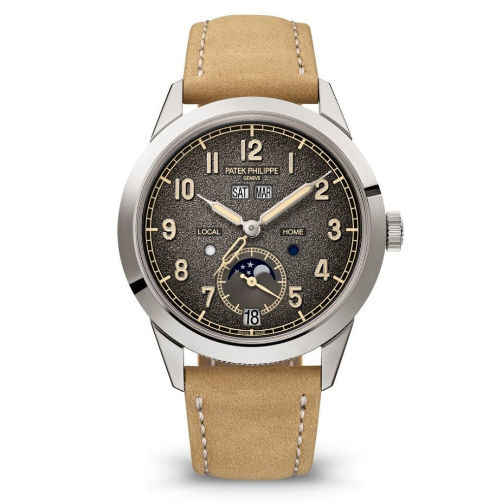 Patek Philippe Complications Travel Time Textured Gray Dial White Gold Case   Beige Strap 41mm 5326G-001 - WATCHXNYC