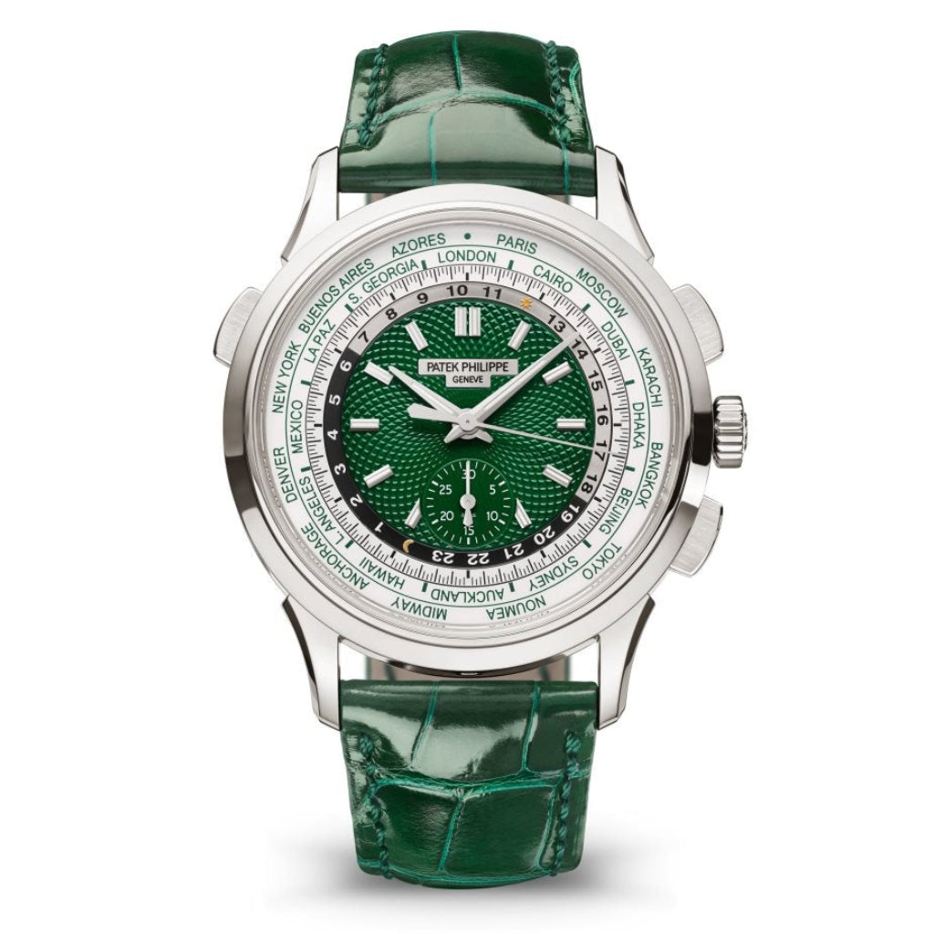 Patek Philippe Complications World Time Green Textured Dial Platinum Case   Green Strap 39.5 mm 5930P-001 - WATCHXNYC