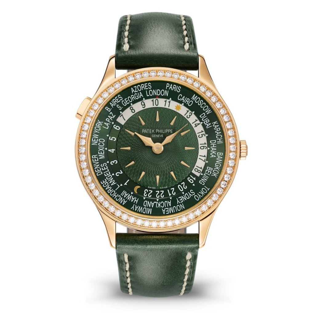 Patek Philippe Complications World Time Olive Green Dial Rose Gold Diamond Case   Green Strap 36 mm 7130R-014 - WATCHXNYC