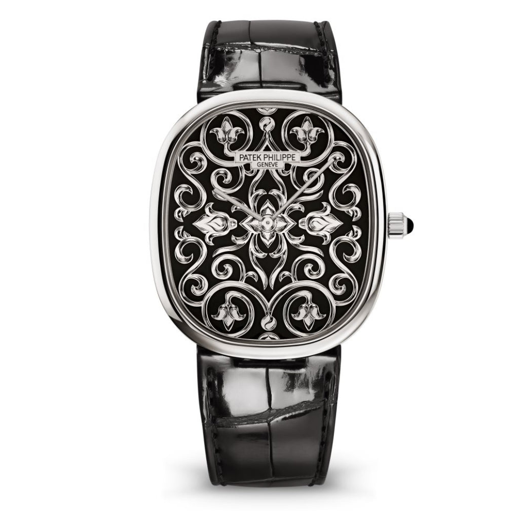 Patek Philippe Golden Ellipse 34.5 x 39.5 mm Black Dial 18K White Gold   Leather Strap 5738/51G-001 - WATCHXNYC
