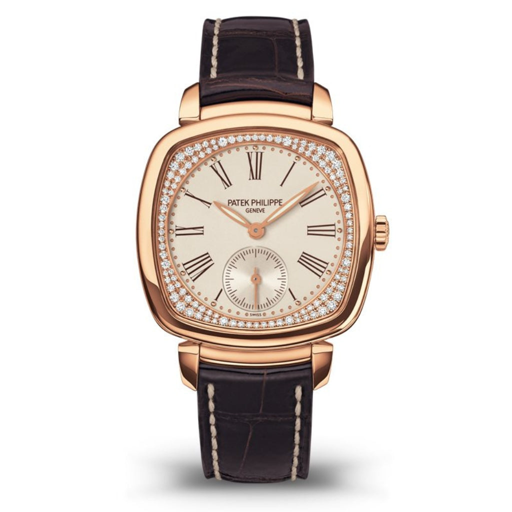 Patek Philippe Gondolo Silver Roman Dial Rose Gold Diamond Case   Brown Strap 33.8mm 7041R-001 - WATCHXNYC