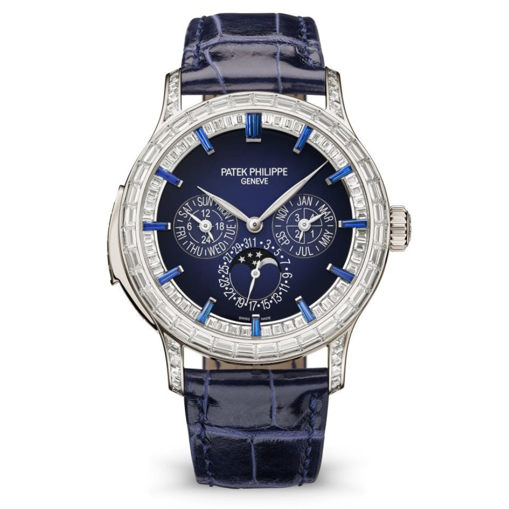 Patek Philippe Grand Complications Blue & Sapphire Dial Platinum & Diamond Case   Blue Leather 42 mm 5374/300P-001 - WATCHXNYC