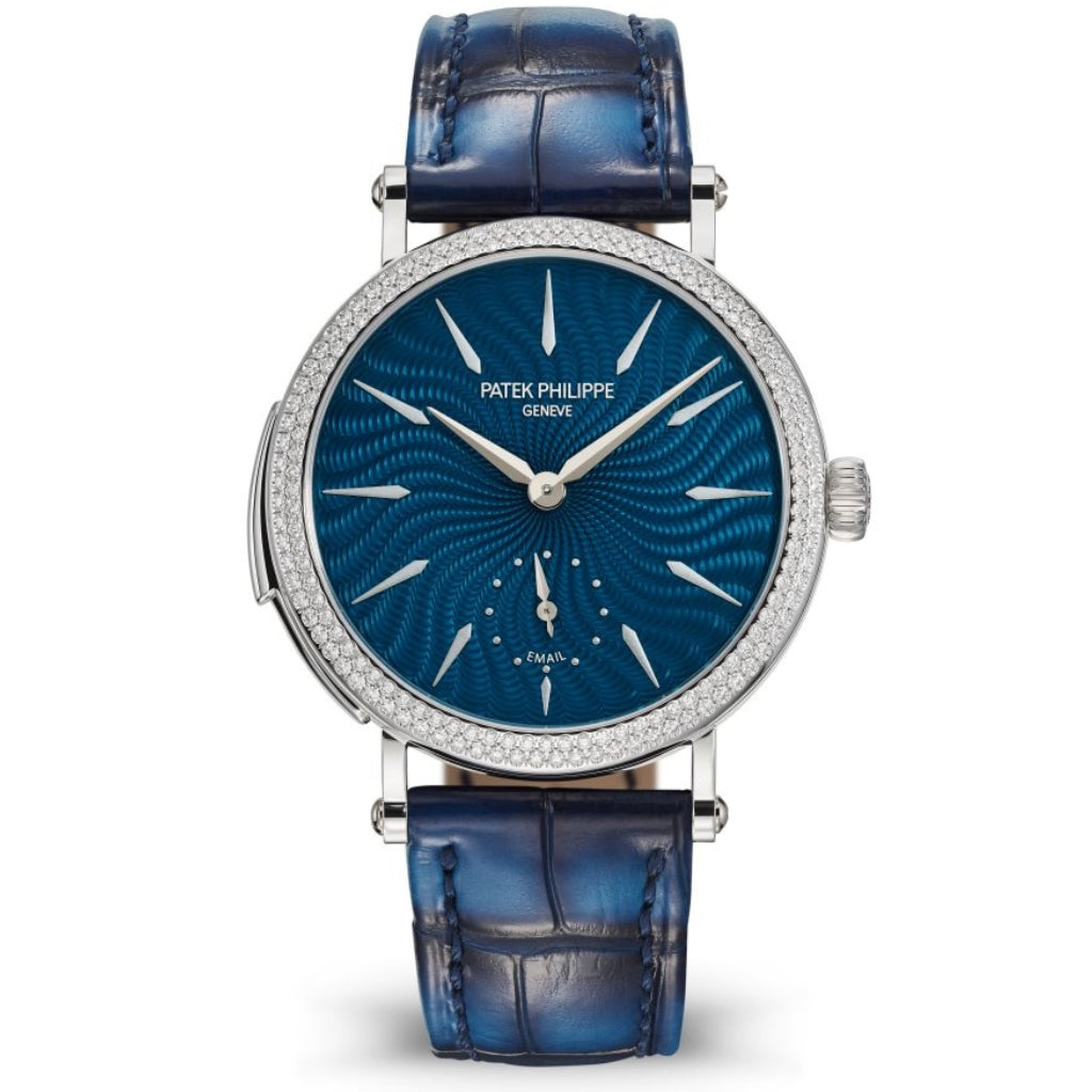 Patek Philippe Grand Complications Blue Swirling Enamel Dial White Gold Flamme Diamond Case   Leather Strap 36 mm 7040-250G-001 - WATCHXNYC