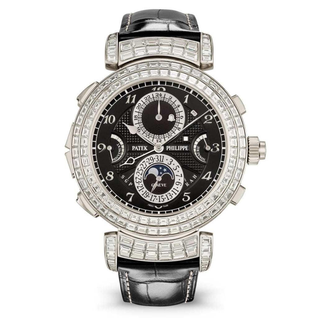 Patek Philippe Grand Complications Grandmaster Chime Black Time & Calendar Diamond Dial White Gold Reversible Case   Leather Strap 49.4mm 6300-400G-001 - WATCHXNYC