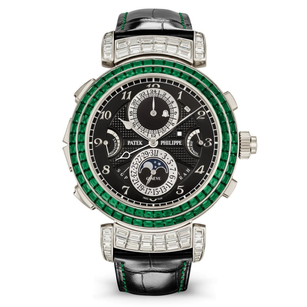 Patek Philippe Grand Complications Grandmaster Chime Black Time & Calendar Emerald Dial White Gold Reversible Case   Leather Strap 49.4mm 6300-403G-001 - WATCHXNYC