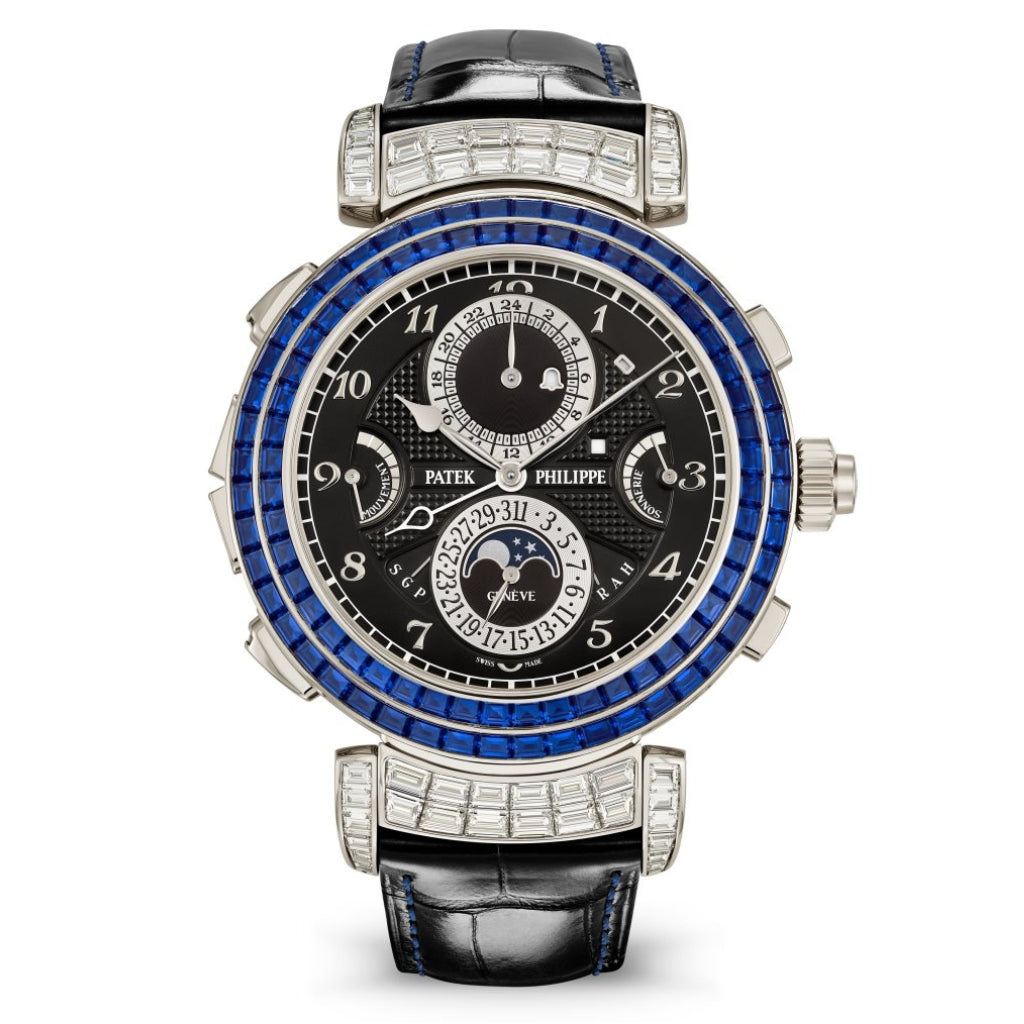 Patek Philippe Grand Complications Grandmaster Chime Black Time & Calendar Sapphire Dial White Gold Reversible Case   Leather Strap 49.4mm 6300-401G-001 - WATCHXNYC