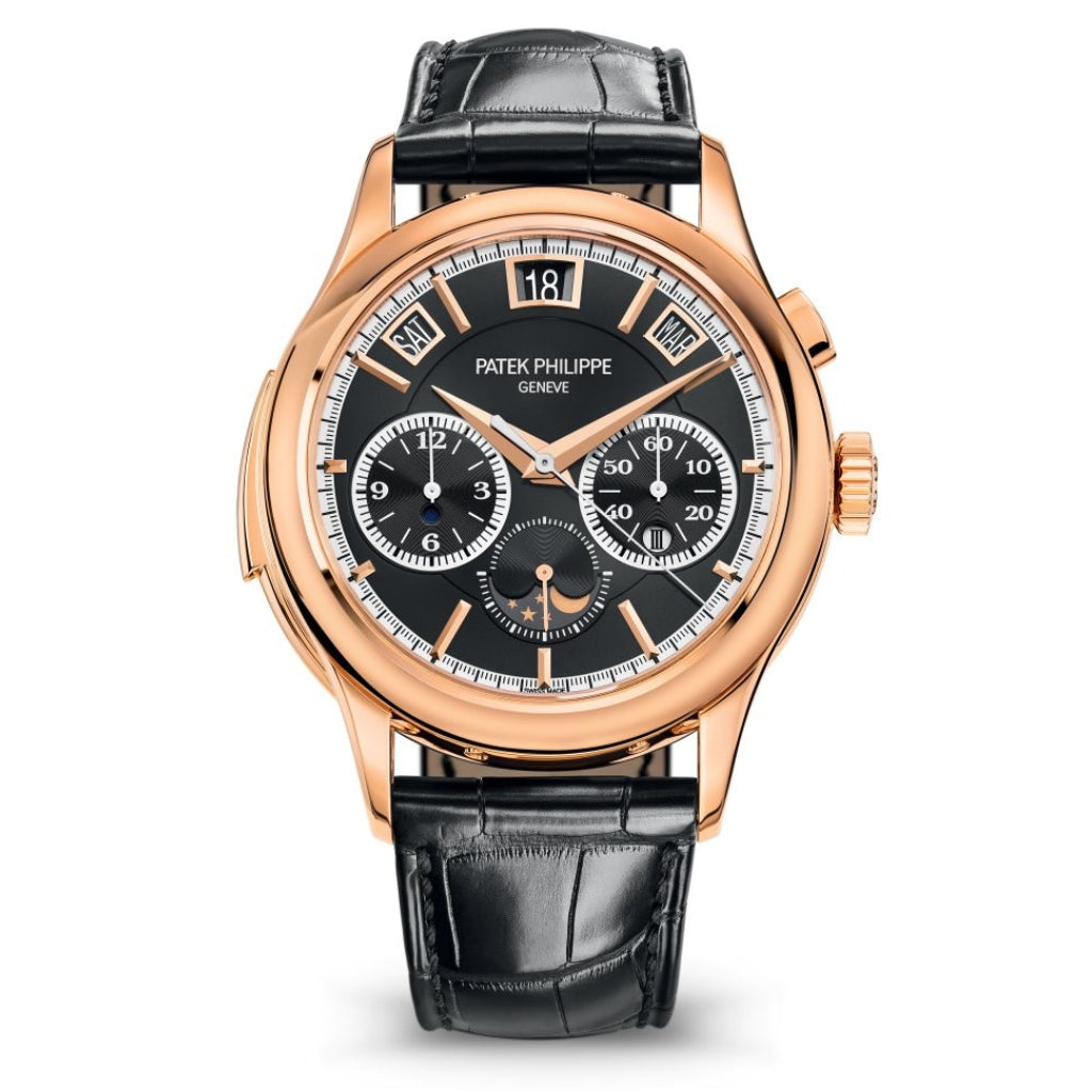 Patek Philippe Grand Complications Perpetual Calendar Black Sunburst & Gold Dial Rose Gold Skeletal Case   Black Leather Strap 42 mm 5208R-001 - WATCHXNYC