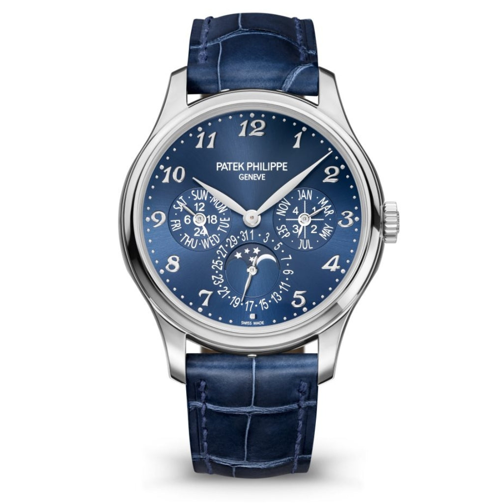 Patek Philippe Grand Complications Perpetual Calendar Blue Sunburst Dial White Gold Case   Blue Strap 39 mm 5327G-001 - WATCHXNYC