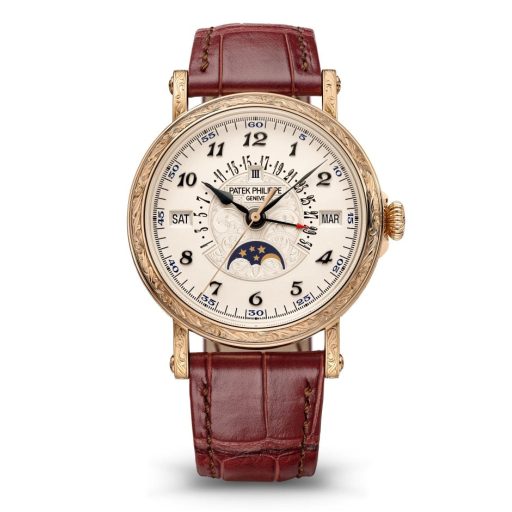 Patek Philippe Grand Complications Retrograde Silver &amp; Gold Dial Rose Gold Engraved Case   Leather Strap 38 mm 5160/500R-001 - WATCHXNYC