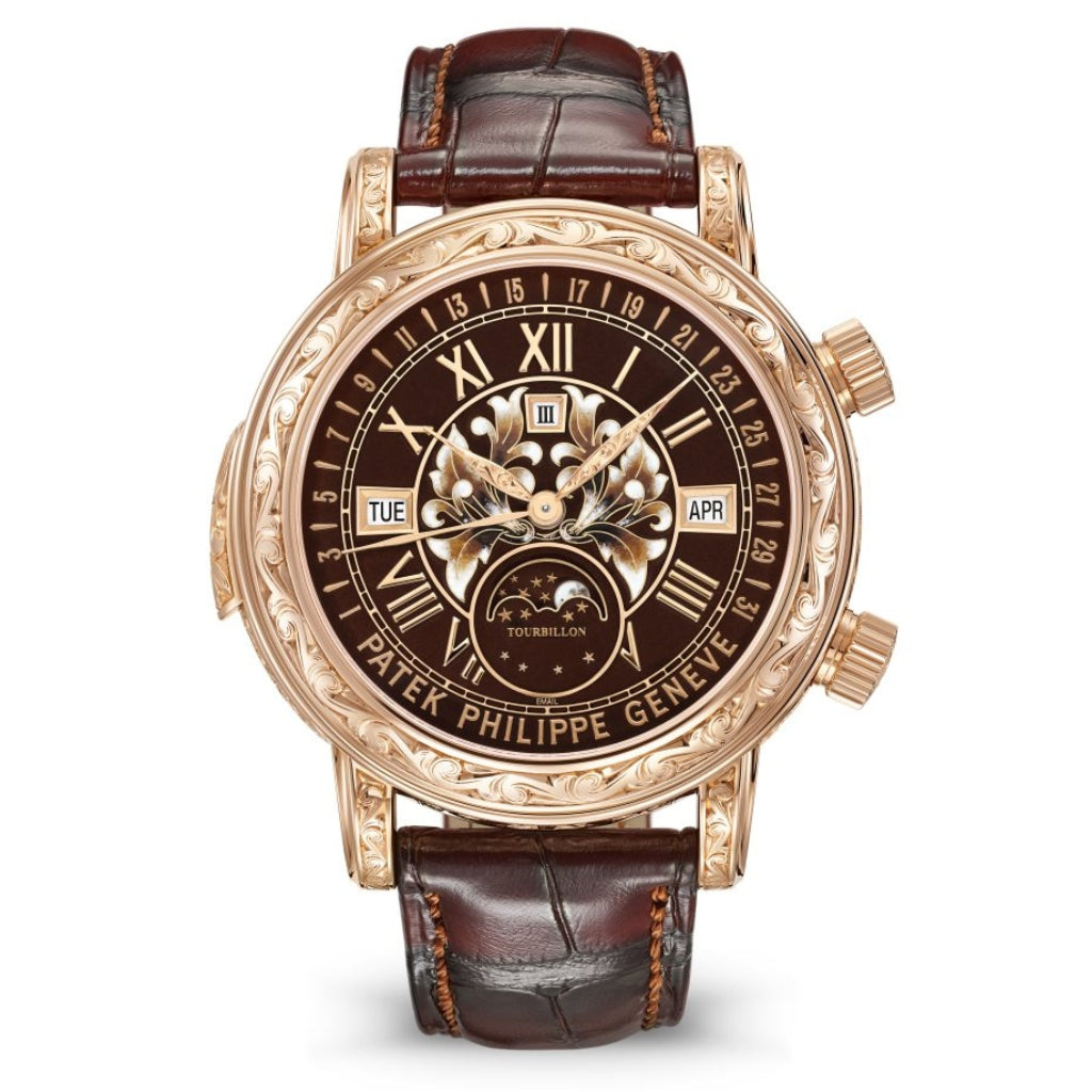 Patek Philippe Grand Complications Sky Moon Tourbillion Grand Feu Brown Enamel & Gold Dial Rose Gold Engraved Case   Leather Strap 44 mm 6002R-001 - WATCHXNYC