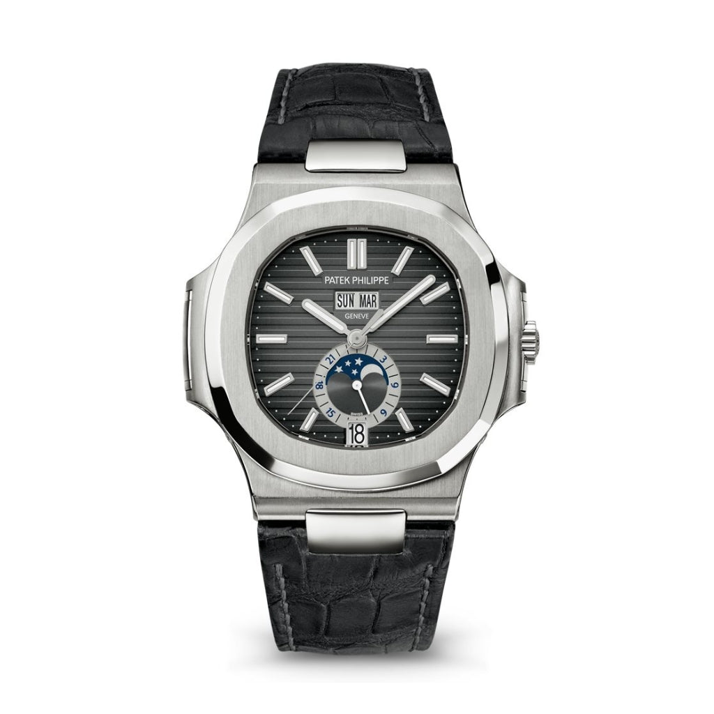 Patek Philippe Nautilus 40.5 mm Black Dial Stainless Steel   Leather Strap 5726A-001 - WATCHXNYC