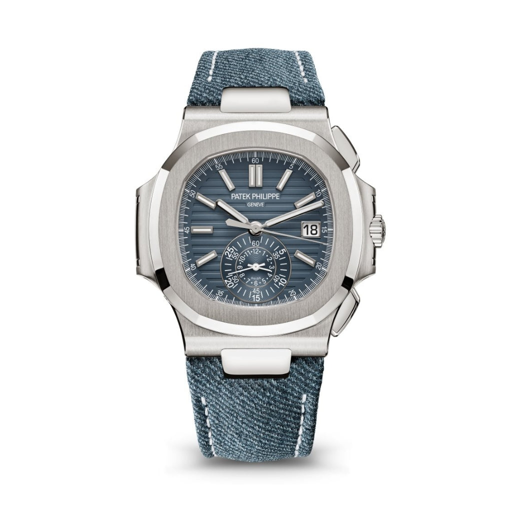 Patek Philippe Nautilus 40.5 mm Blue Dial 18K White Gold   Leather Strap 5980/60G-001 - WATCHXNYC