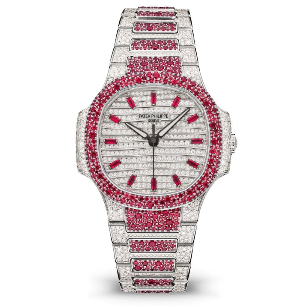 Patek Philippe Nautilus Haute Joaillerie Diamond Pavé Gold & Ruby Dial White Gold & Diamond/Ruby Case/Bracelet 35.2mm 7118-1452G-001 - WATCHXNYC
