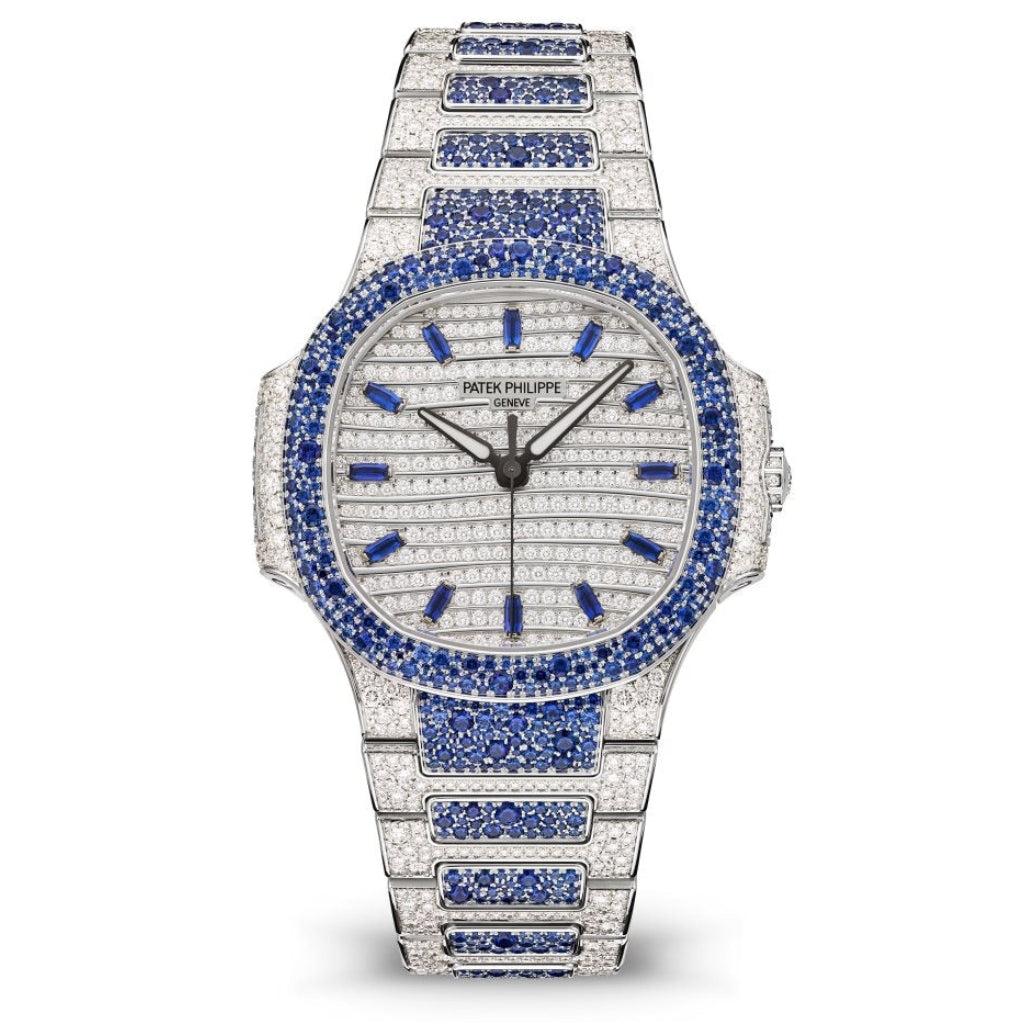 Patek Philippe Nautilus Haute Joaillerie Diamond Pavé Gold & Sapphire Dial White Gold & Diamond/Sapphire Case/Bracelet 35.2mm 7118-1451G-001 - WATCHXNYC