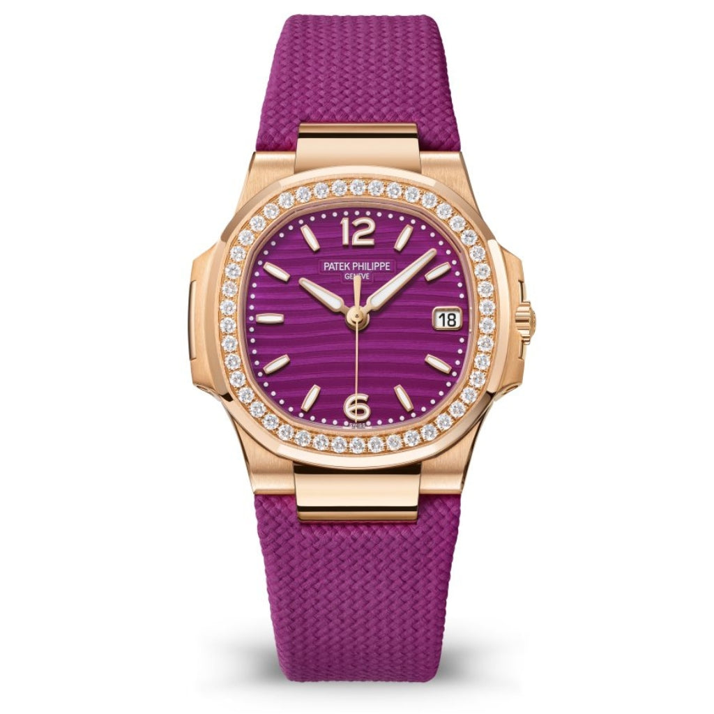 Patek Philippe Nautilus Purple Wave Motif Dial Rose Gold Diamond Case Fabric Strap 32mm 7010R-013 - WATCHXNYC